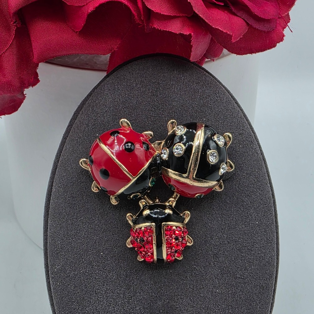 Red‎ Black Enamel Ladybug Brooch Gold Tone Rhinestone Triple Beetle Pin 1.5"